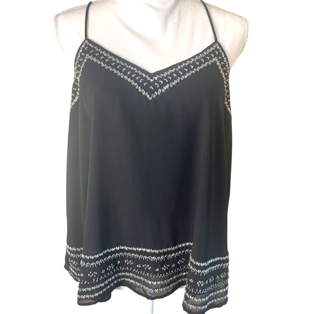 Black Semi-Sheer Beaded Camisole Blouse L V Neck Ethereal Boho Y2K Tank Top